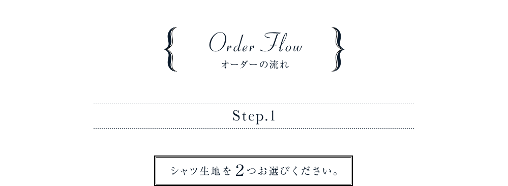 オーダーの流れ　Step.1　シャツ生地を２つお選びください。